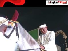 Dedi Mulyadi menunggang kuda saat memimpin Kirab Mahkota Binokasih di Karawang, disambut antusias dan haru ribuan warga