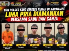 GSN Polres Karo Gerebek Rumah di Kabanjahe, Lima Pria Diamankan Bersama Sabu dan Ganja