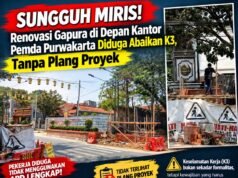 Sungguh Miris! Renovasi Gapura di Depan Kantor Pemda Purwakarta Diduga Abaikan K3, Tanpa Plang Proyek